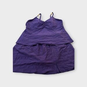 Lands End Purple Textured Tankini Swim Top Skirt Set Gold Accents V Neck 22W